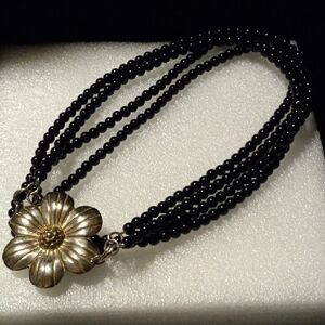 Elegant Black obsidian beads and Gold tone pendant Necklace
